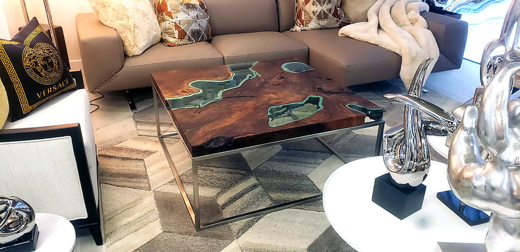 Mnestra Walnut Wood Square Coffee Table with live-edge wood and green resin top