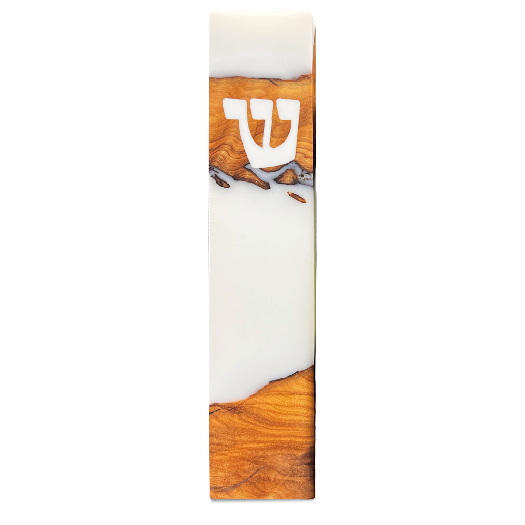 Modern Mezuzah case made of wood and white resin with Hebrew Shin design