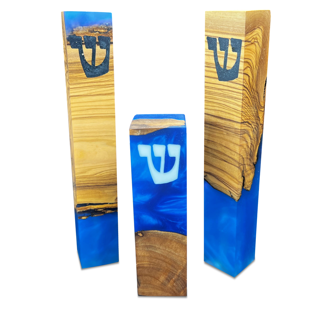 Modern mezuzah cases made of wood and blue resin for elegant Jewish home decor