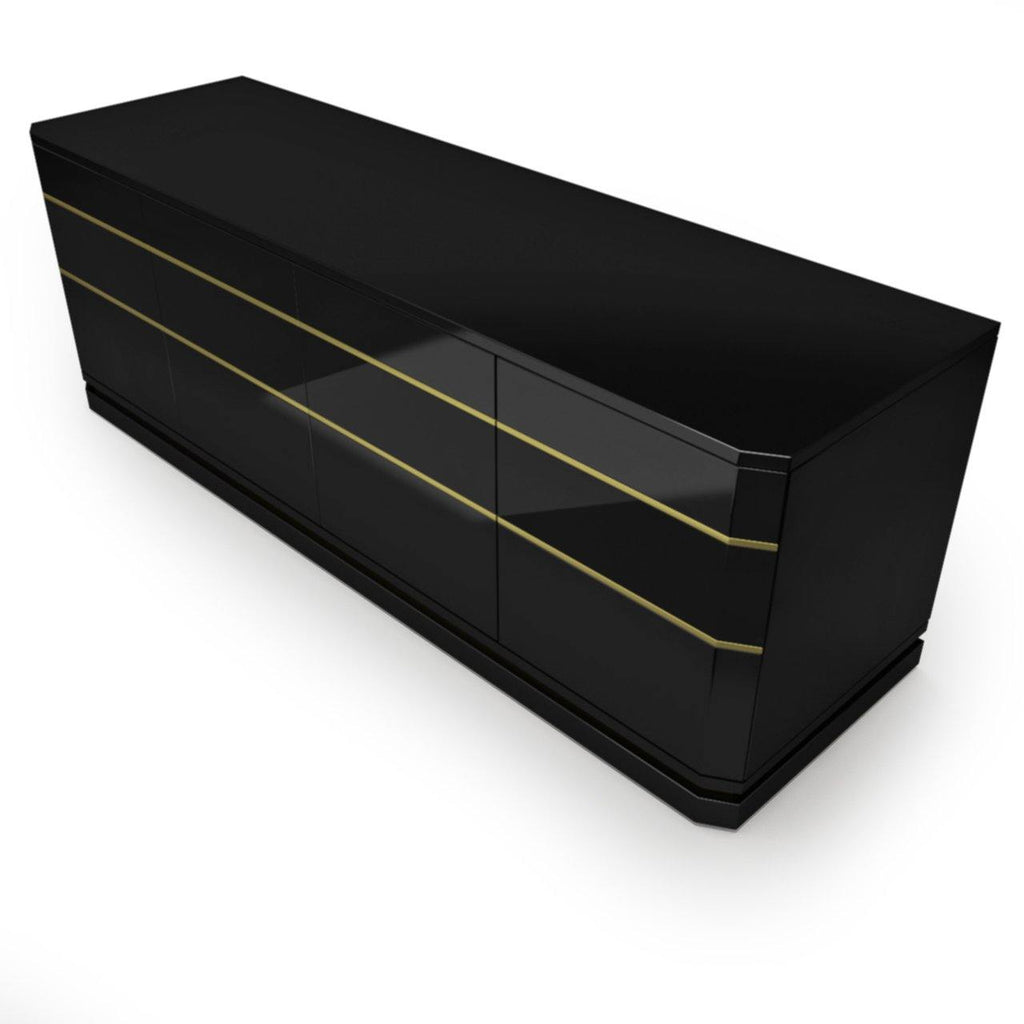 Modern River Credenza with sleek black high-gloss finish and gold accents