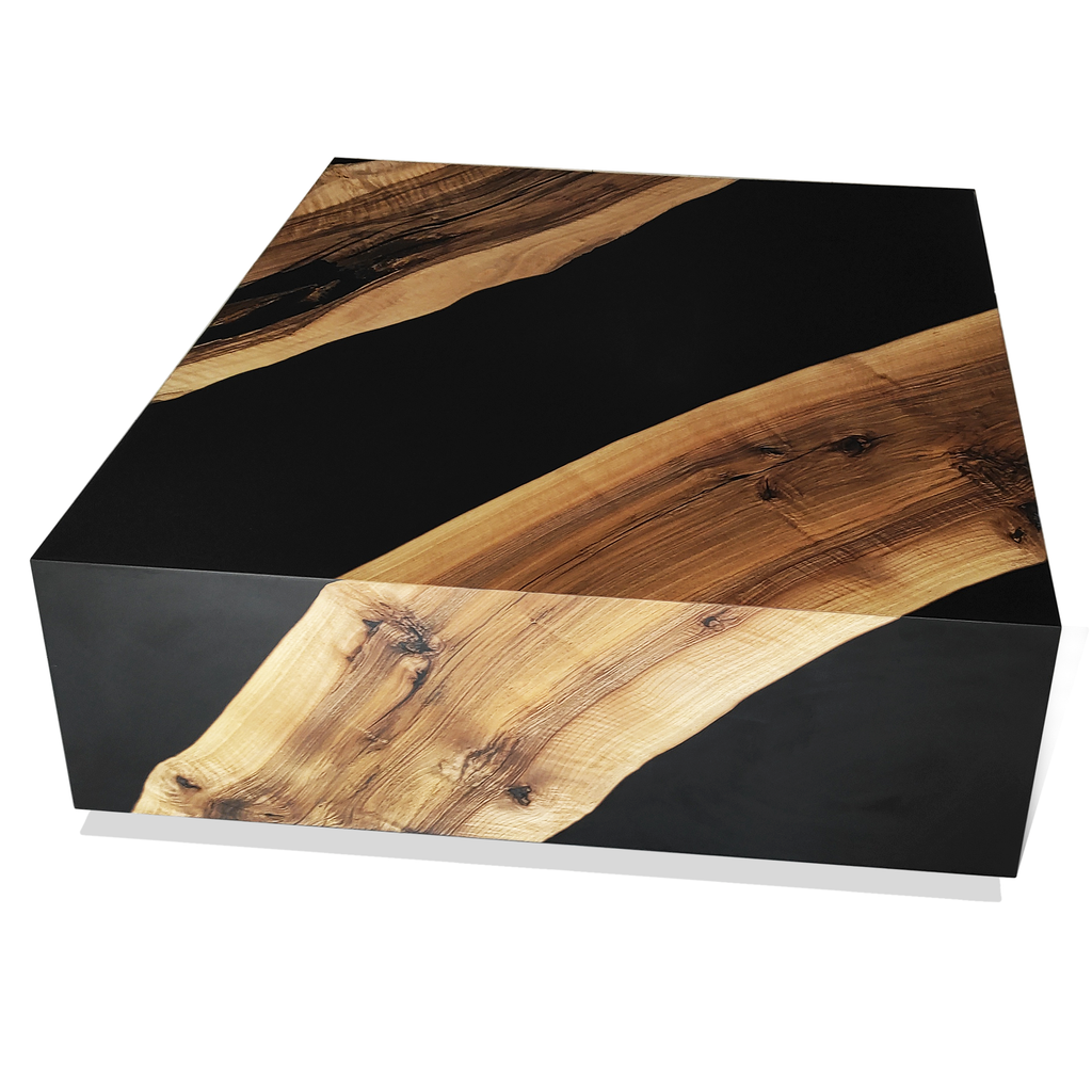 Black Monoblock Walnut Coffee Table with natural wood and black resin top by W&L