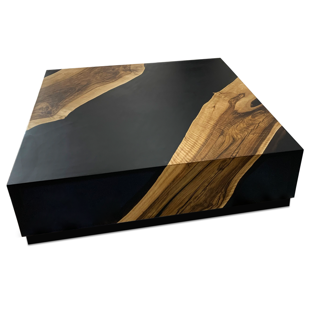 Black Monoblock Walnut Coffee Table with live edge design in black resin and walnut wood