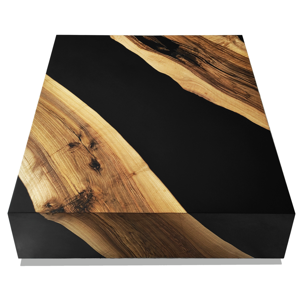 Black Monoblock Walnut Coffee Table with Resin River and Natural Wood Edges