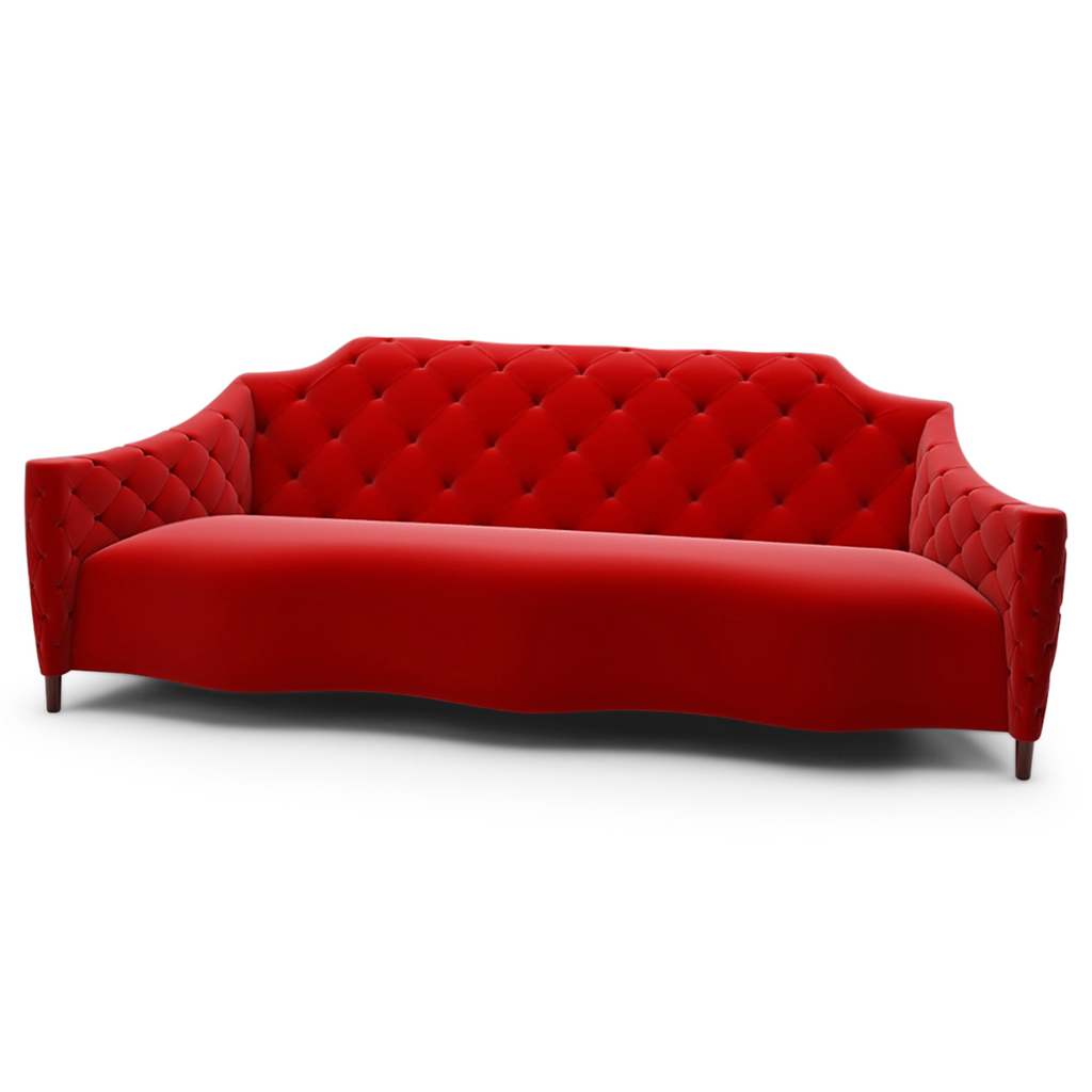 Red velvet Mont Claire Sofa with tufted back and arms, stylish Claire Sofa design