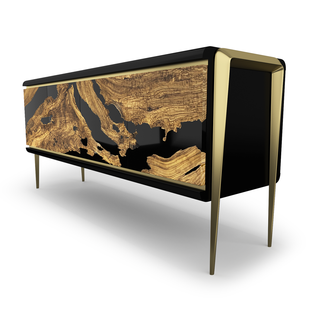 Moria Olive Wood Credenza with black and gold contemporary design and unique wood resin front