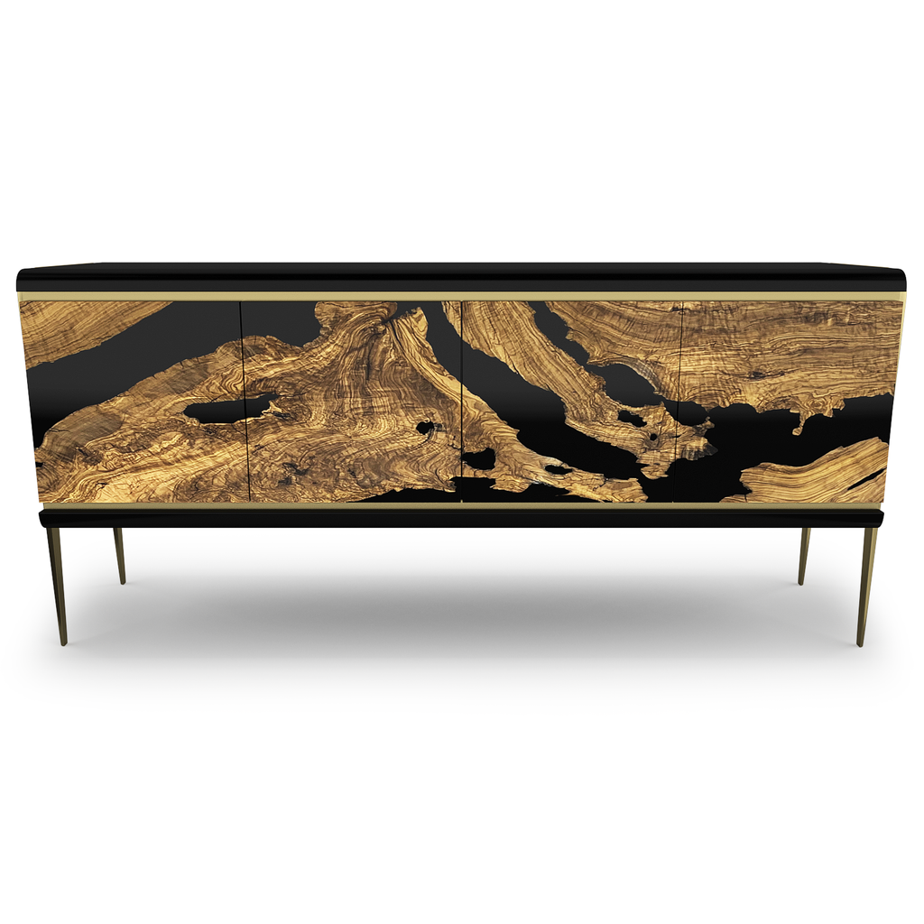 Moria Olive Wood Credenza with black top and base, gold-toned wood grain doors
