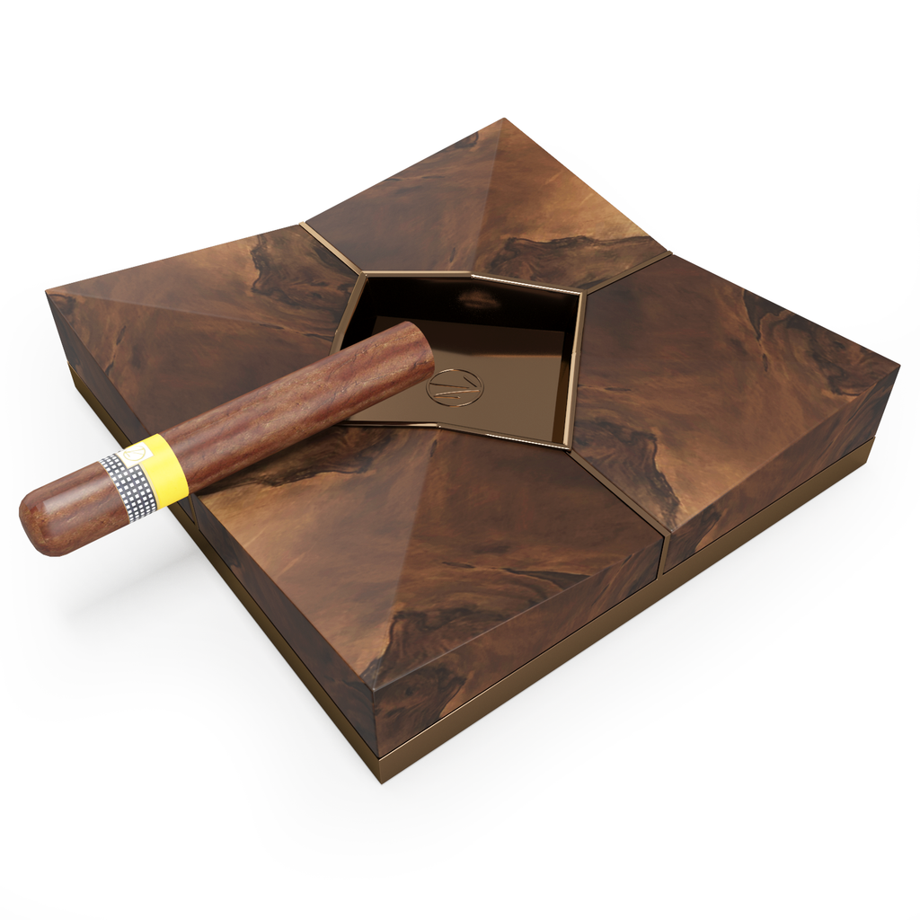 Brown modern Mormo Cigar Ashtray with a single cigar resting on its edge