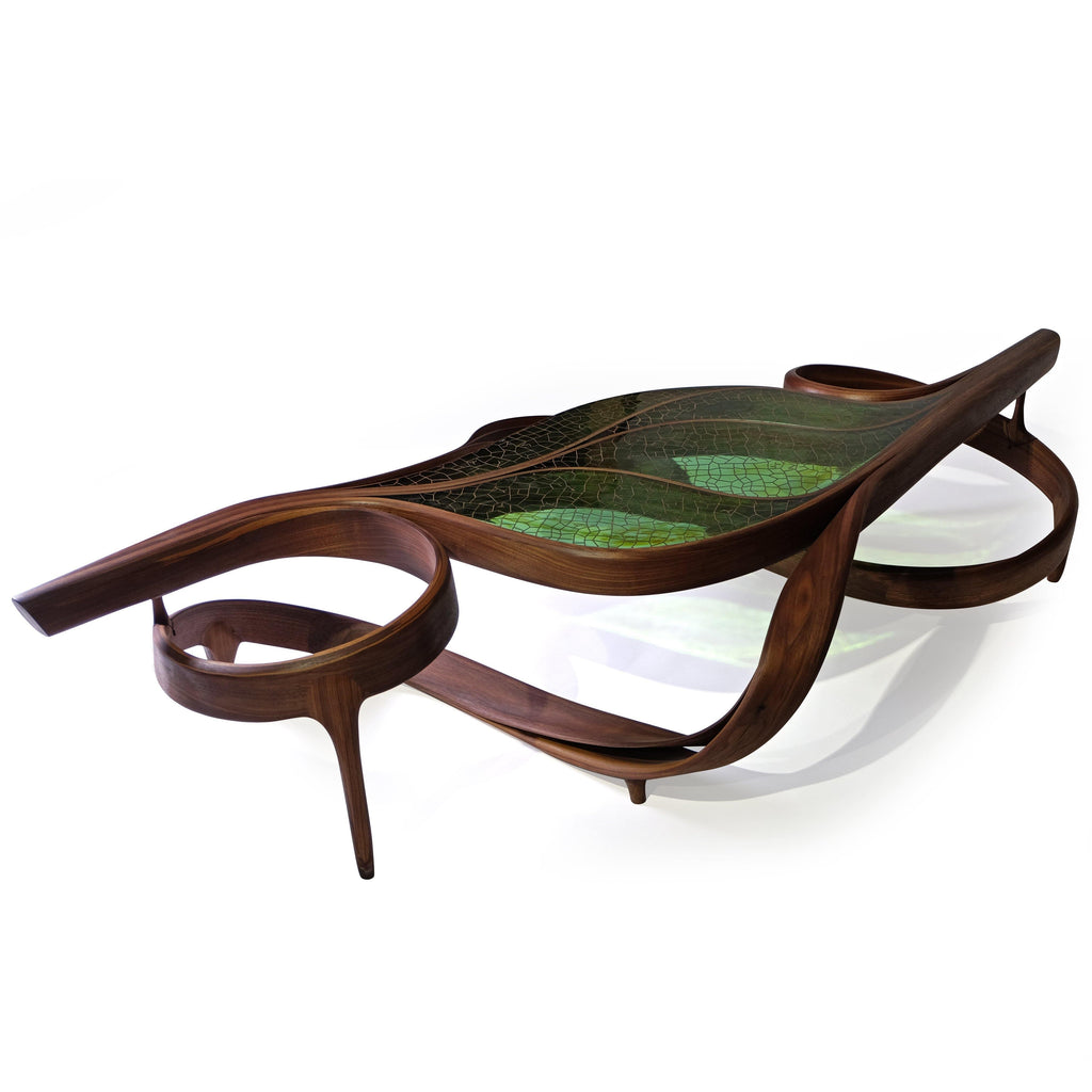 Natural Ivy Coffee Table made of brown wood with green textured glass top