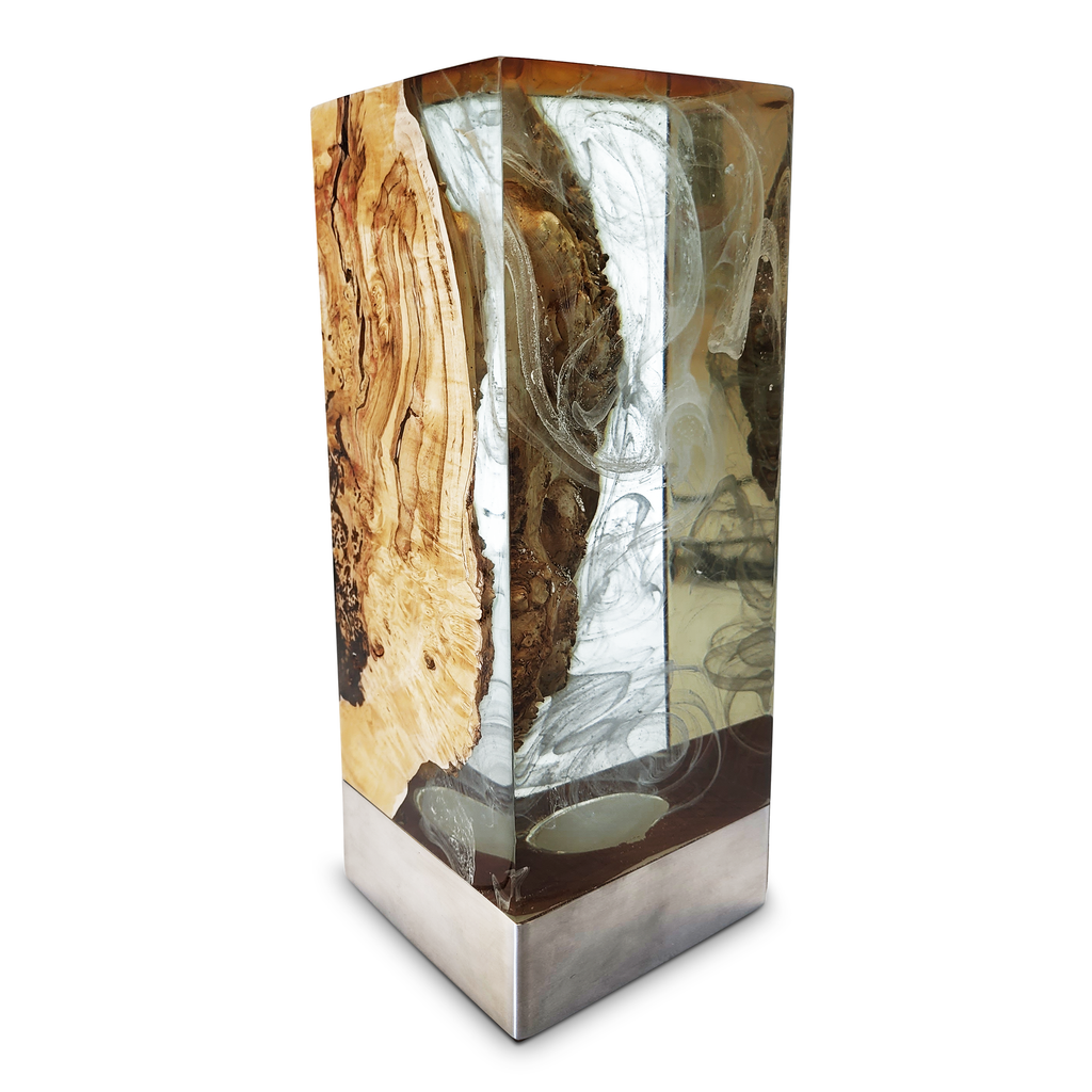 Ocean Cube Table Lamp with a wooden resin decorative cube and metal base