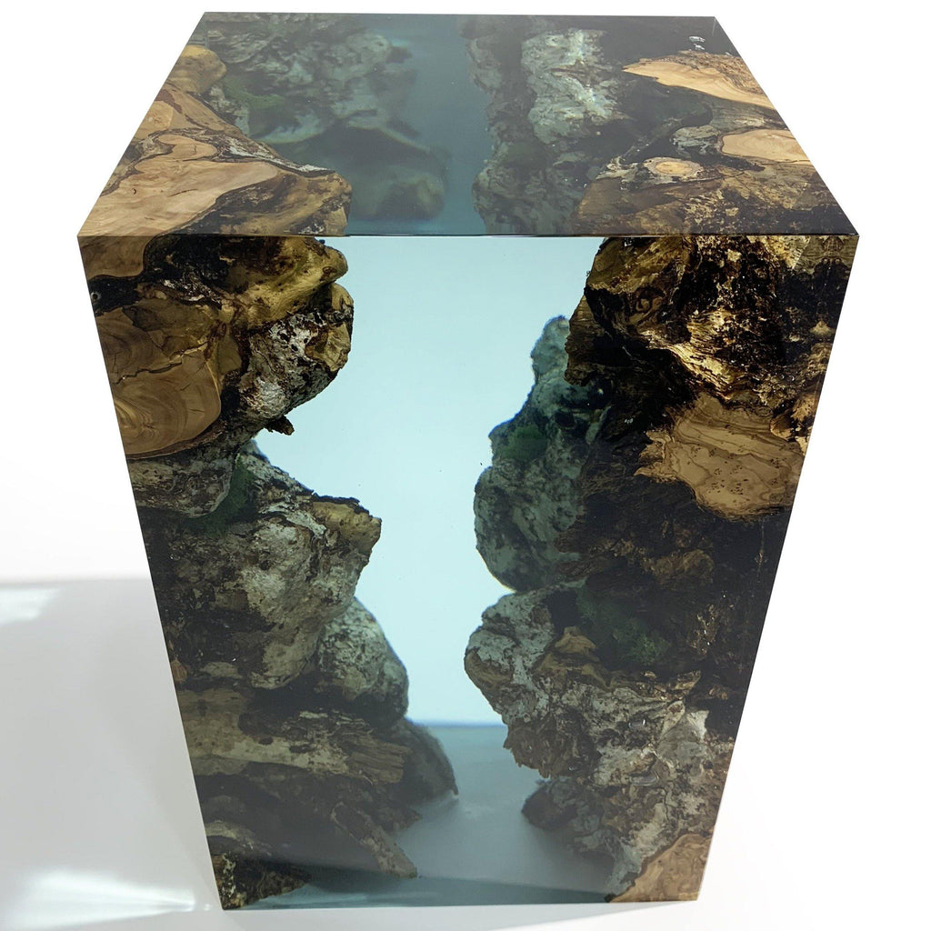 ocean end table, wood and resin table, aquamarine finish, square prism table, eased edges, natural wood finish, transparent resin, glossy resin finish