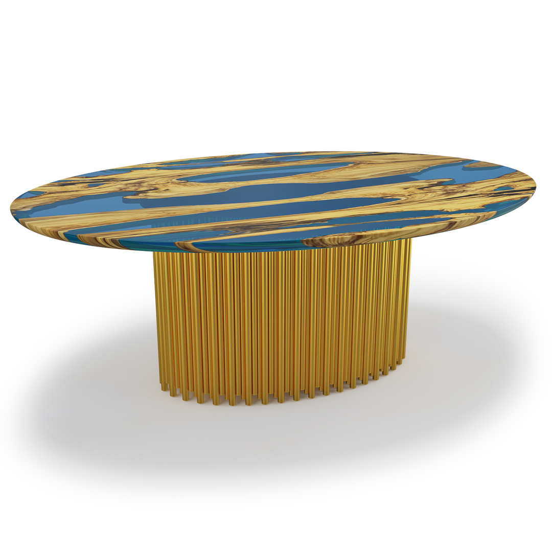 Evohe Olive Wood Oval Dining Table with blue resin top and gold rod base