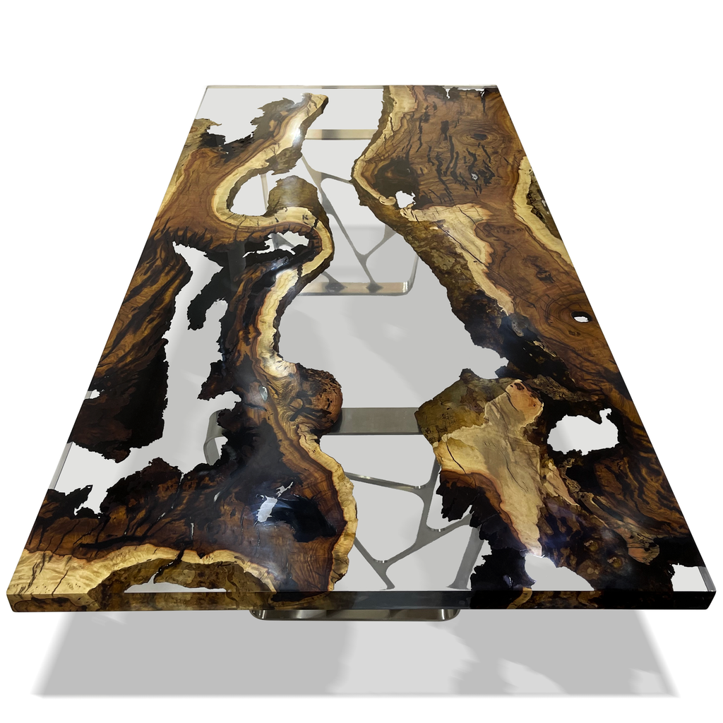 Ombrone Hackberry Wood River Dining Table with clear resin top and dark wood slabs