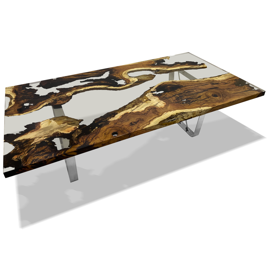 Ombrone Hackberry Wood River Dining Table with live edge wood and clear resin top