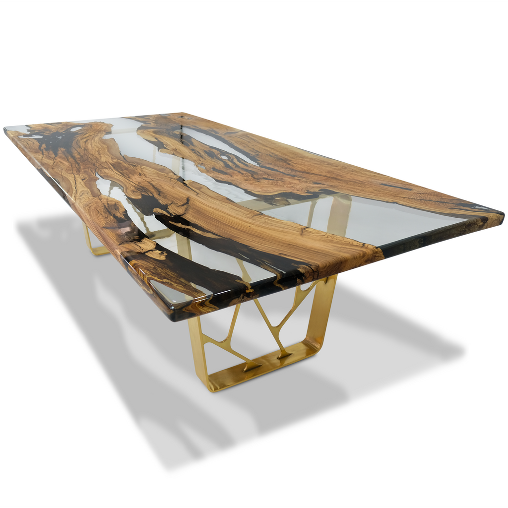 Ombrone Olive Dining Table, olive wood dining table, resin dining table, cornered rectangular dining table, eased edge dining table, stainless steel dining table, brass dining table, PVD titanium dining table