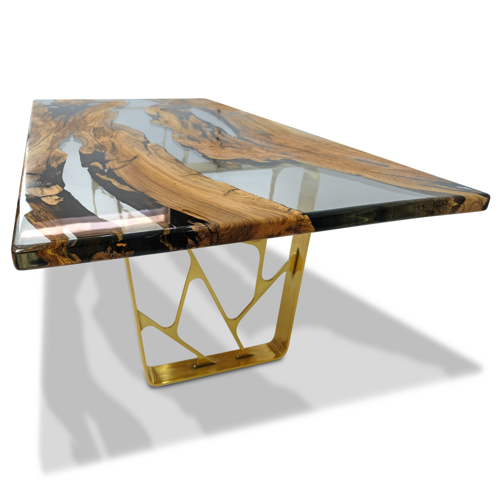Ombrone Olive Dining Table with resin river top, natural wood accents, and gold base