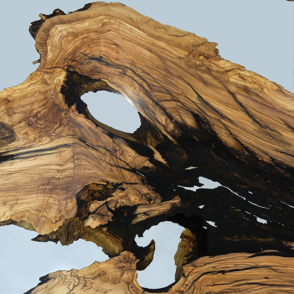 Ombrone Olive Dining Table with unique wood slab, natural holes, and dark resin infill