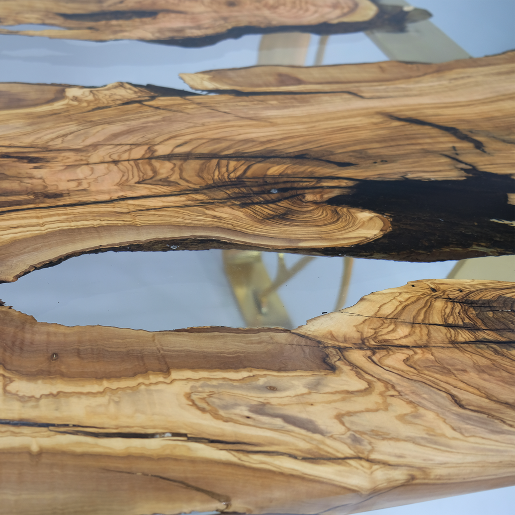 Ombrone Olive Dining Table with live-edge wood slab and resin river for elegant dining