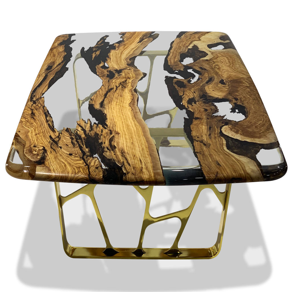 Ombrone Olive Wood Squoval Coffee Table with live edge wood, clear resin, and gold metal base