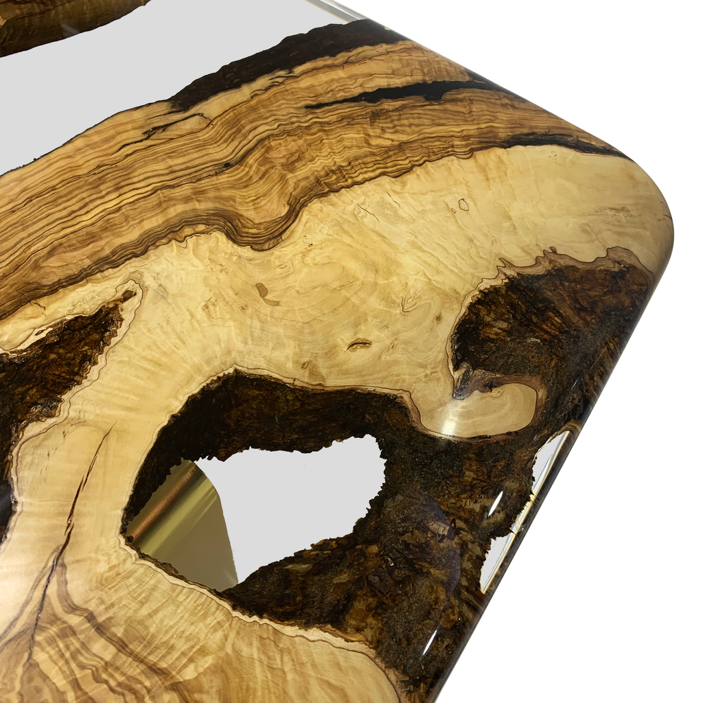 Ombrone Olive Wood Squoval Coffee Table with live-edge wood and clear resin river