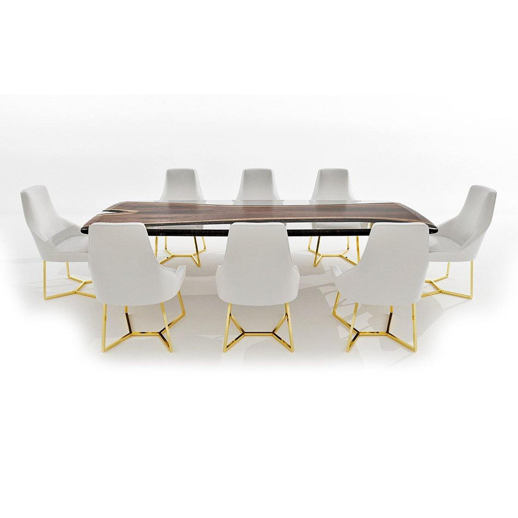 Ombrone Walnut Dining Table with dark wood top and white upholstered chairs