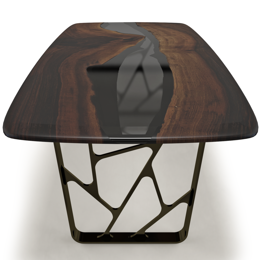 Ombrone Walnut River Dining Table with dark wood, resin river, and open-work metal base