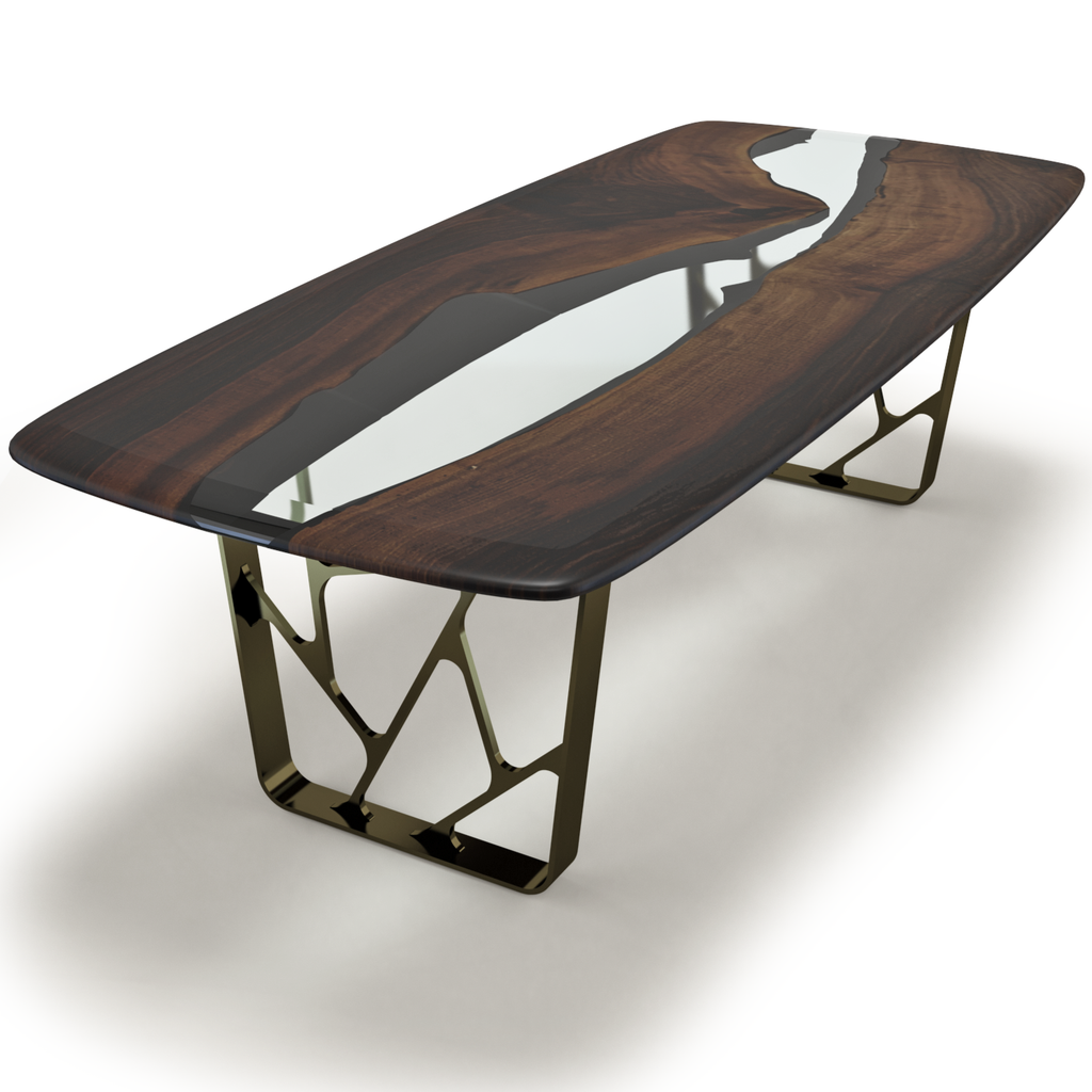 Ombrone Walnut River Dining Table with dark wood slab top and geometric black metal bases