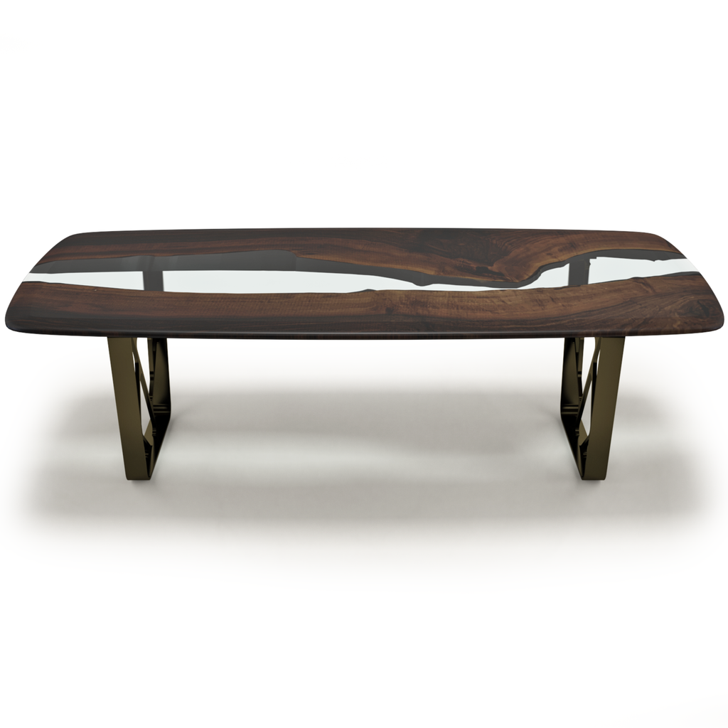 Ombrone Walnut River Dining Table with live edge wood and white resin river design