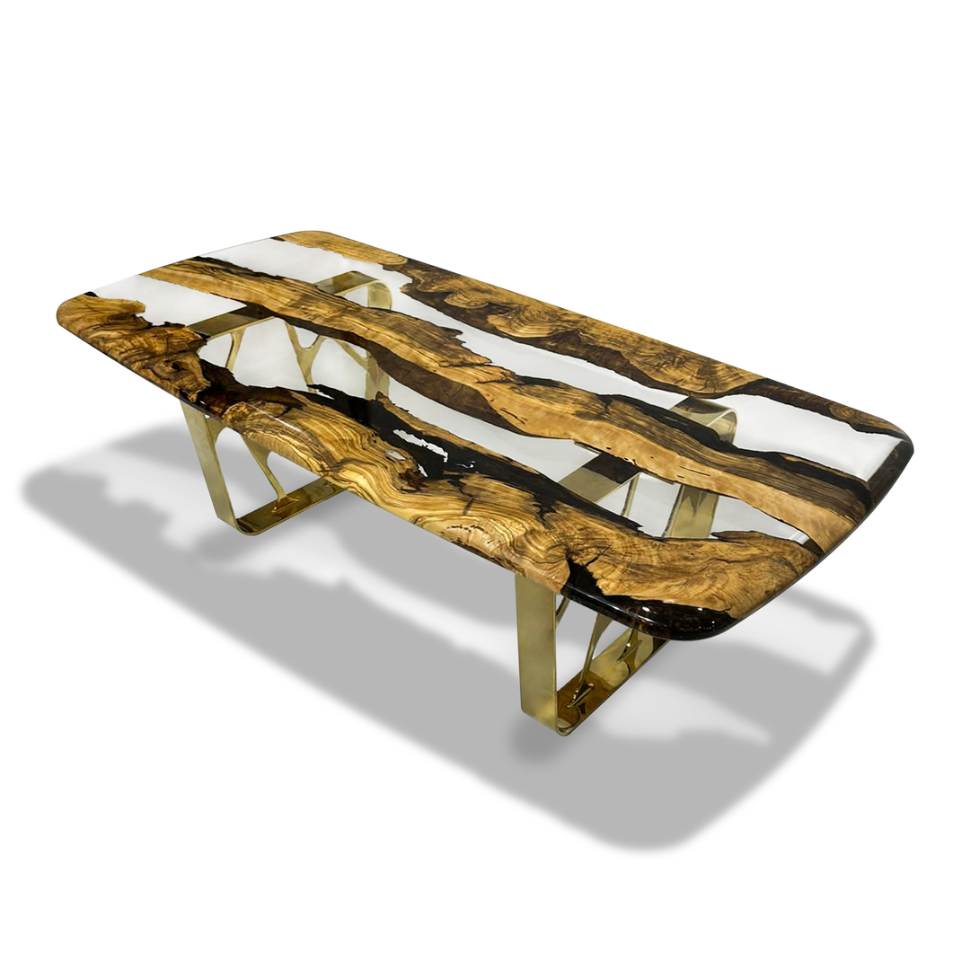 Ombrone Olive Wood Squoval Coffee Table with unique wood slab top and gold metal legs