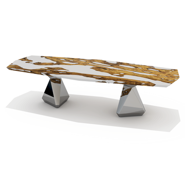 omphale olive wood octagonal dining table, olive wood dining table, resin dining table, octagonal dining table, ghost white resin, polished stainless steel base, natural wood dining table, dining room furniture