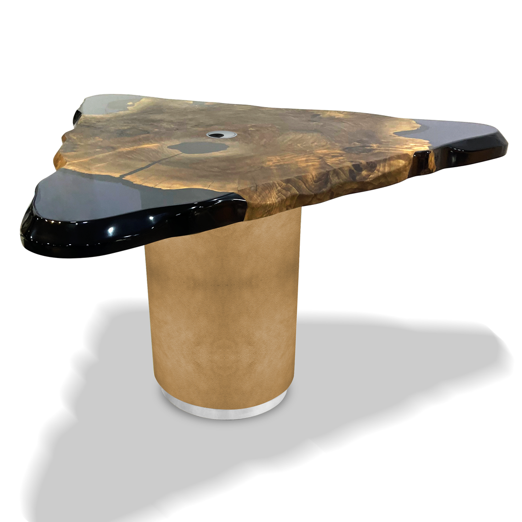 Natural-edge wood slab Valeron Triangular Desk with dark resin fill and cylindrical base
