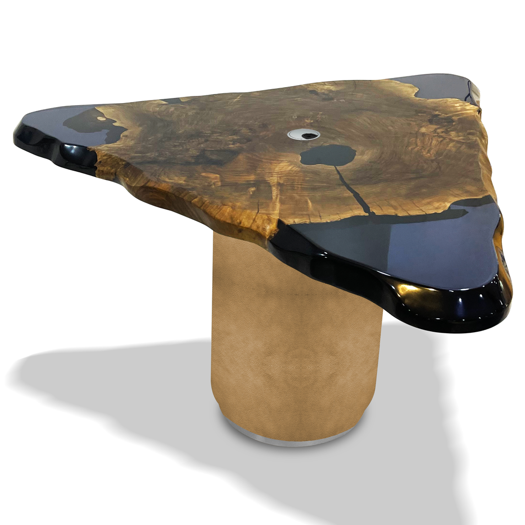 Natural wood and black resin live edge Valeron Triangular Desk with cylindrical base