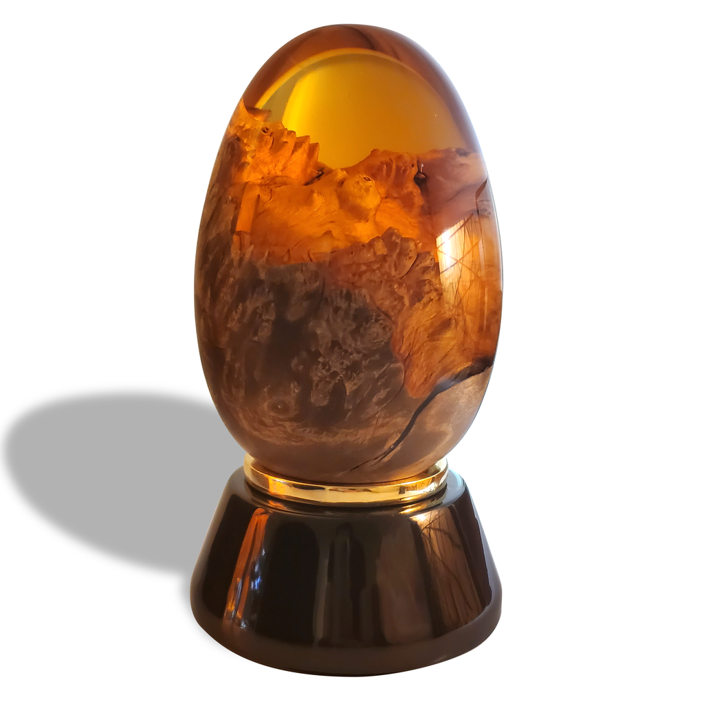 orange dragon egg, wood and resin egg, transparent resin egg, glossy resin egg, aerospace orange resin egg, stainless steel ring, polished stainless steel ring, brass (PVD titanium coated) ring, unique gift, thoughtful gift, gift for any occasion