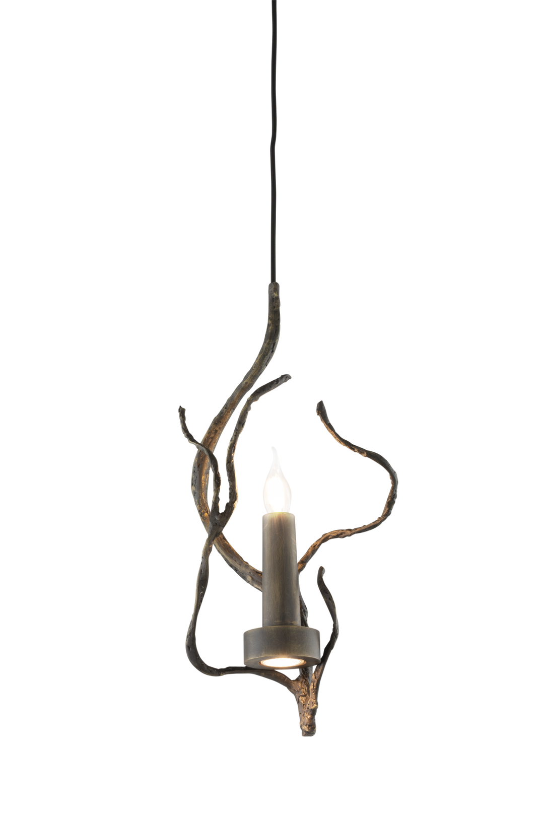 Orpheus Downlight rustic branch-like metal pendant light fixture with candle-shaped bulb