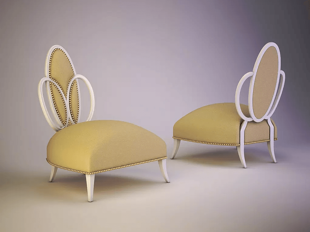 Elegant Ovalini Chair with light yellow upholstery, white frame, and nailhead trim