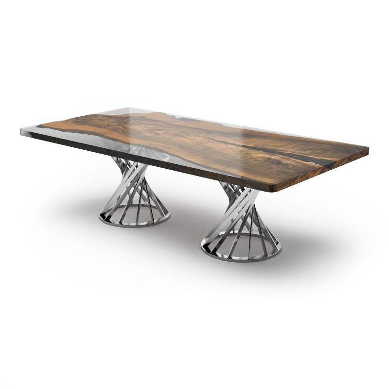 Panaro Walnut Wood Dining Table with wood and resin top and twisted metal bases