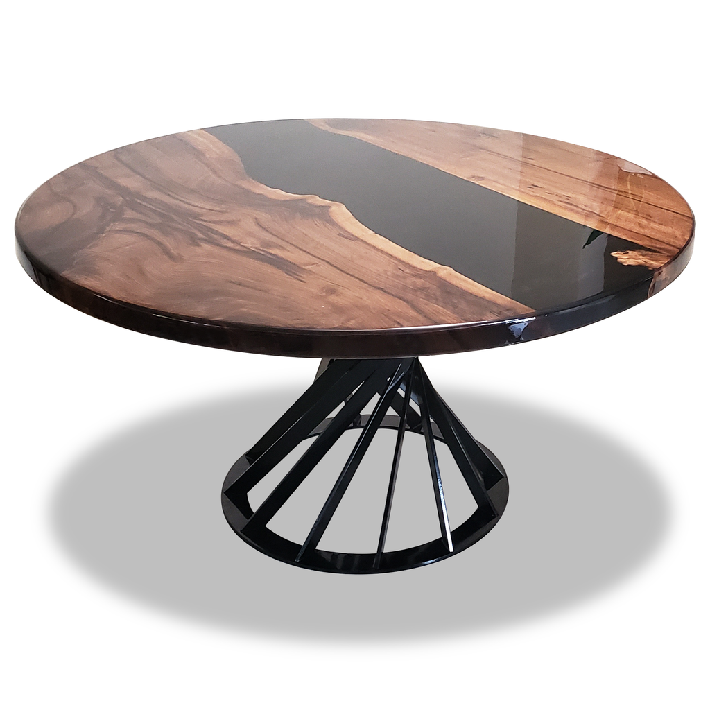 Panaro Walnut Wood Round Dining Table with dark brown wood and black resin top
