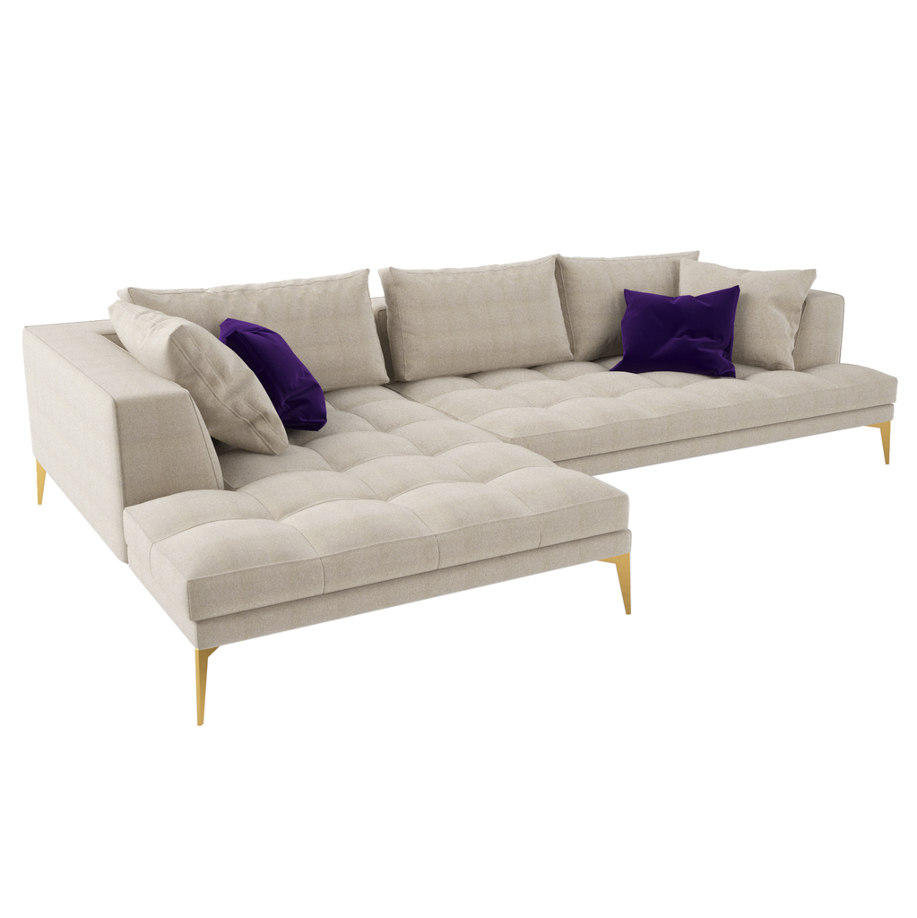Beige L-shaped Parma Sofa with gold legs and purple accent pillows for stylish living room