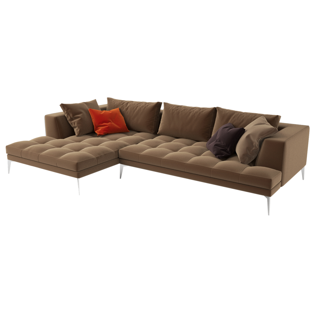 Brown L-shaped Parma Sofa with tufted cushions and metal legs for modern living room
