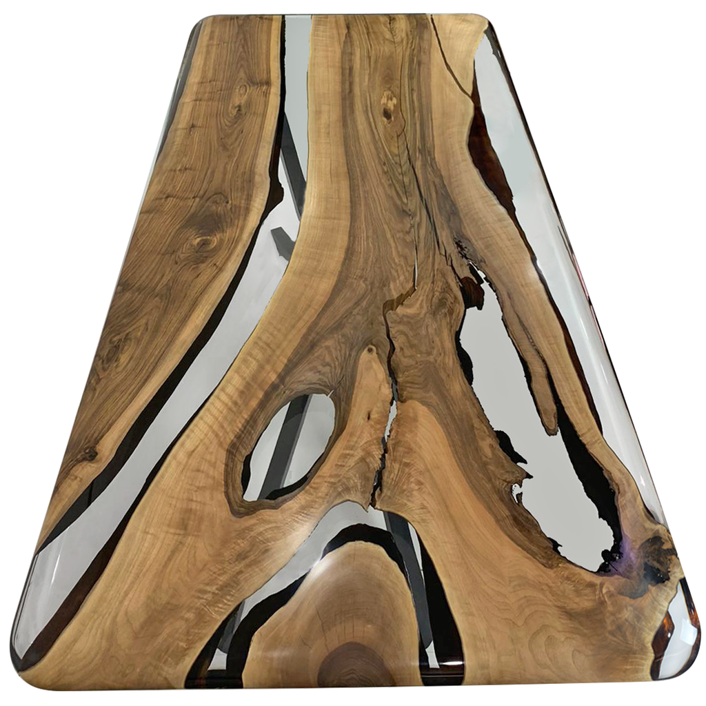 Alcantara Walnut Wood Dining Table with live-edge wood and clear resin top