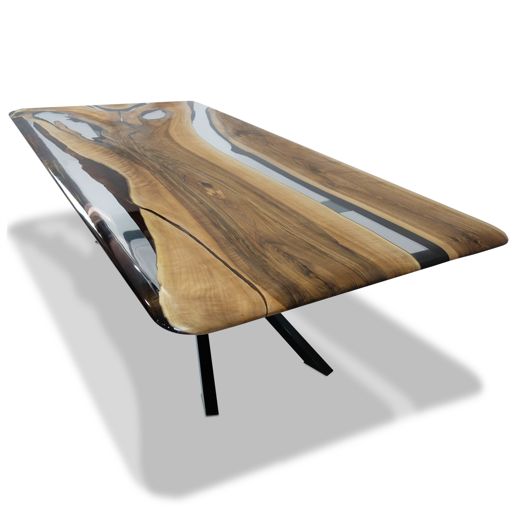 Alcantara Walnut Wood Dining Table with natural resin top and black metal legs