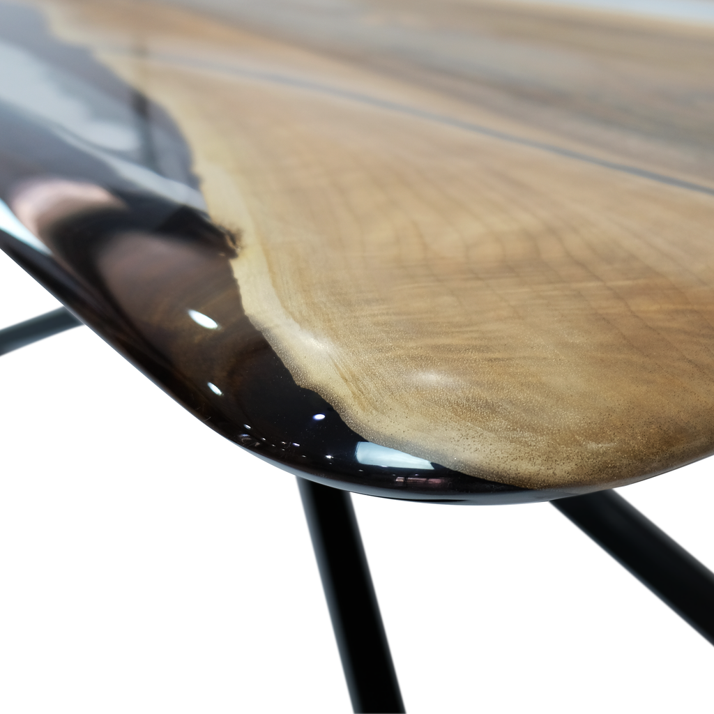 Alcantara Walnut Wood Dining Table with polished walnut wood surface and black resin edge