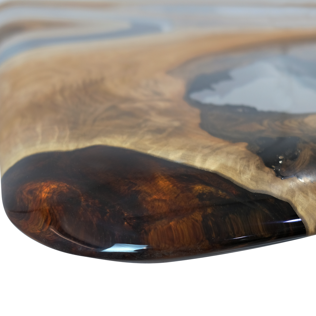 Polished Alcantara Walnut Wood Dining Table with epoxy resin and dark amber resin portion