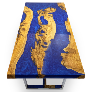 pearl blue, morano olive wood, coffee table, wood & resin, cornered rectangular, flat bottom surface, eased edge, olive wood, natural finish, pearlescent blue resin, glossy finish, stainless steel, polished, chrome