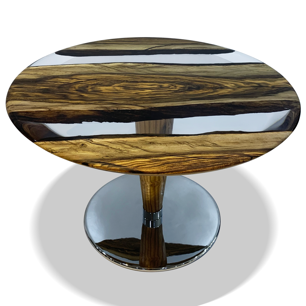 Phaloe Walnut Wood Double River Round Coffee Table with oval wood and clear resin top