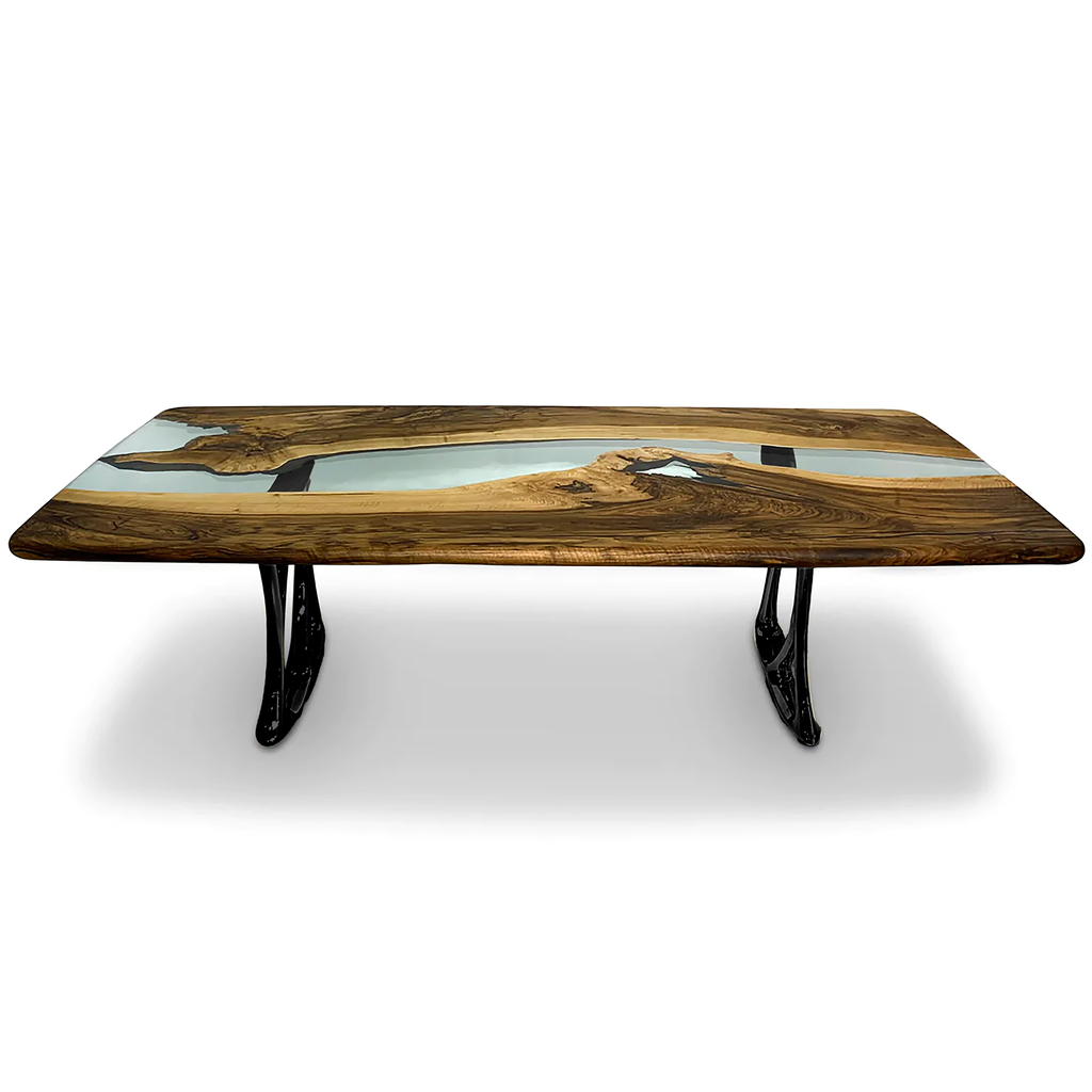 Aquamarine Pheraea Walnut Dining Table with walnut wood and blue resin river design