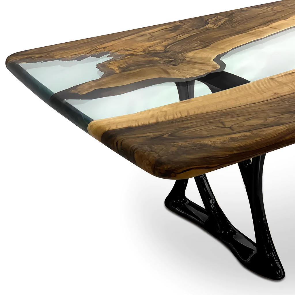 Aquamarine Pheraea Walnut Wood River Dining Table with live-edge walnut wood and black sculptural legs