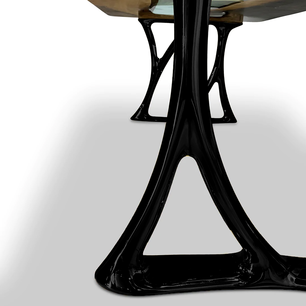 Modern Aquamarine Pheraea Walnut Dining Table with light wood top and glossy black legs