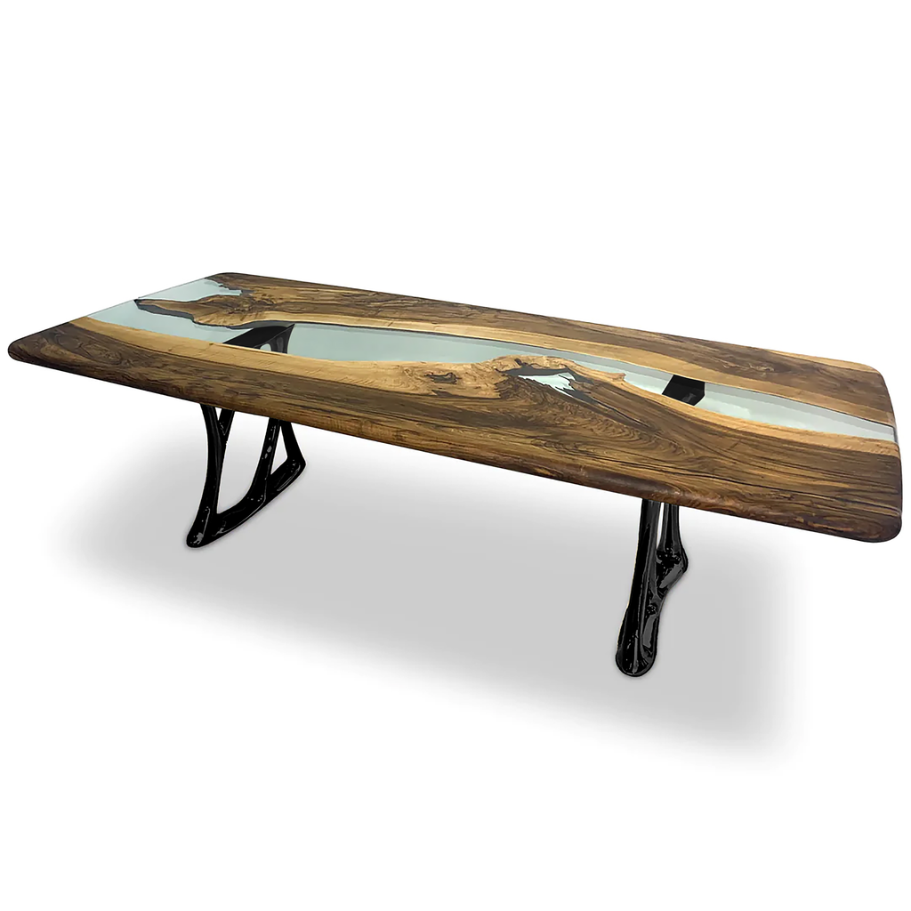 Aquamarine Pheraea Walnut live-edge wood dining table with blue resin river and black metal legs