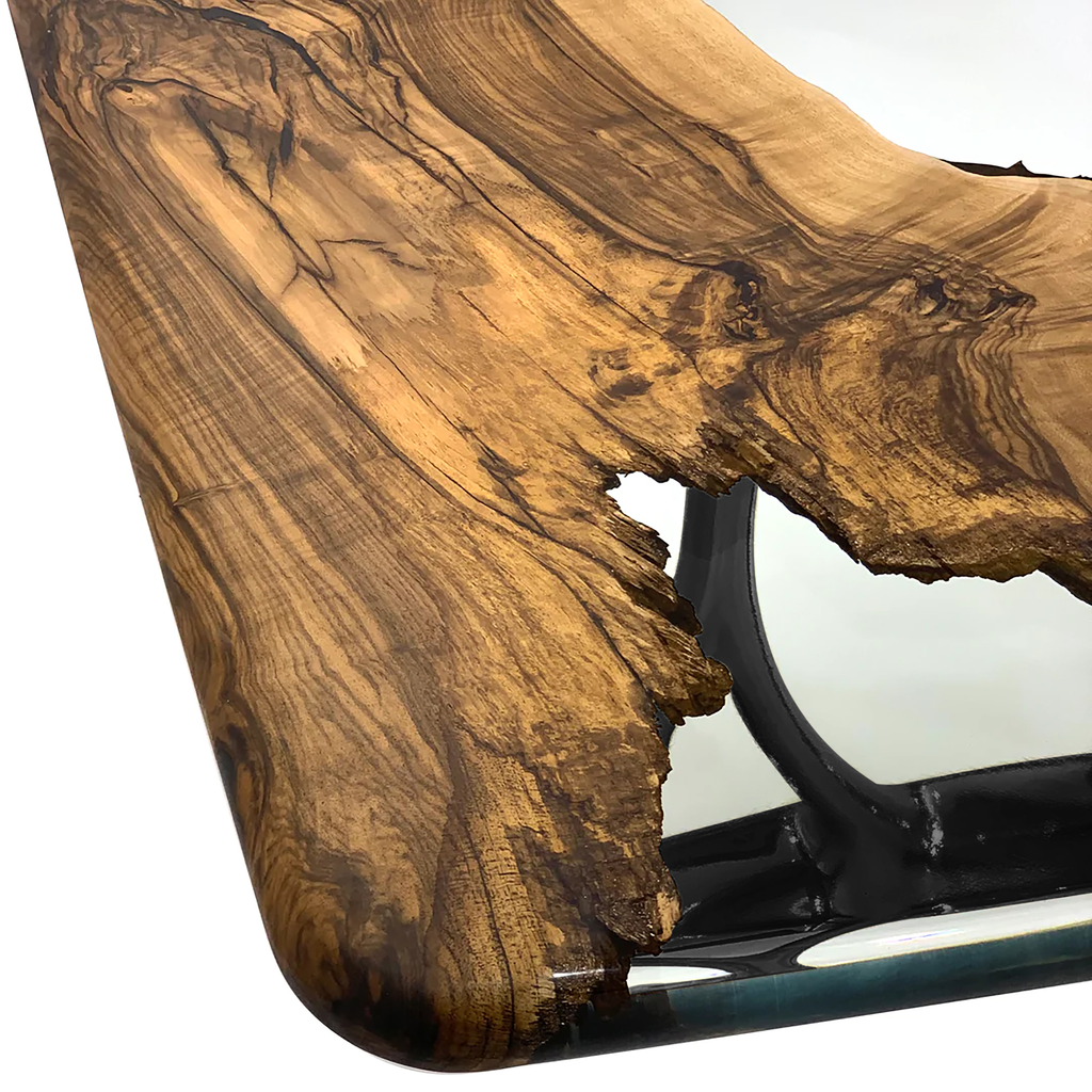 Aquamarine Pheraea Walnut live-edge wood table with natural imperfections and rounded corner