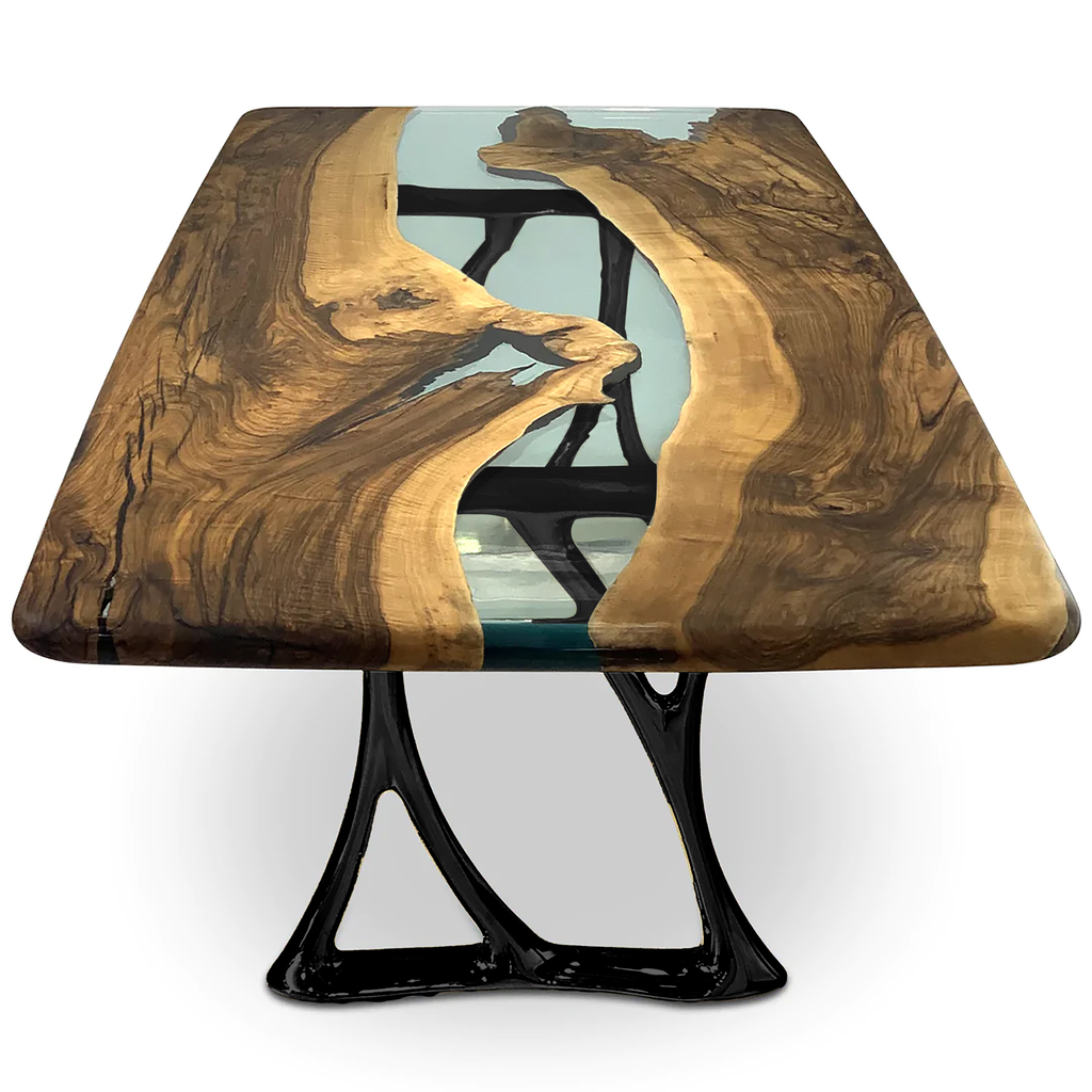 Aquamarine Pheraea Walnut Wood River Dining Table with live-edge Walnut Wood and black sculptural base